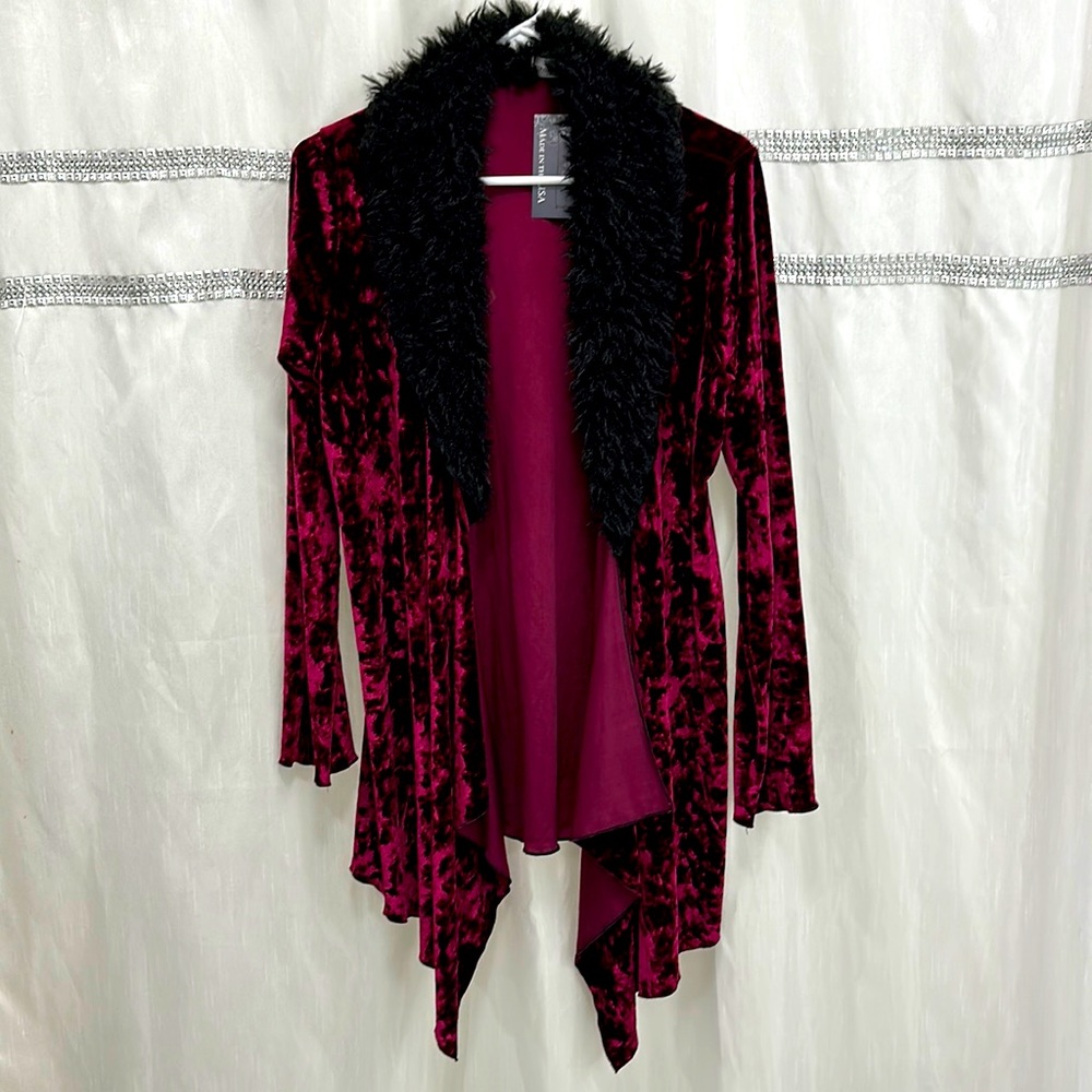 Burgundy velvet hi lo hem light weight layer with fury collar